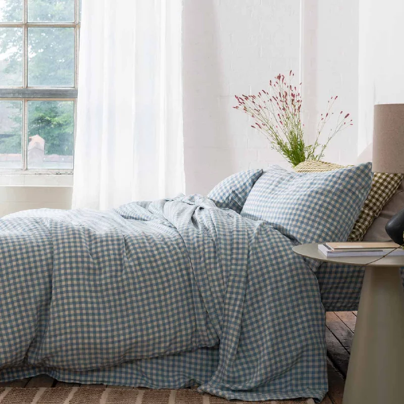 Warm Blue Gingham 100% Linen Pillowcases (Pair)