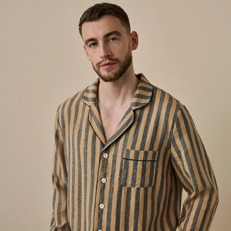 Blue Porcini Striped Linen Tencel Men's Pajama Shirt