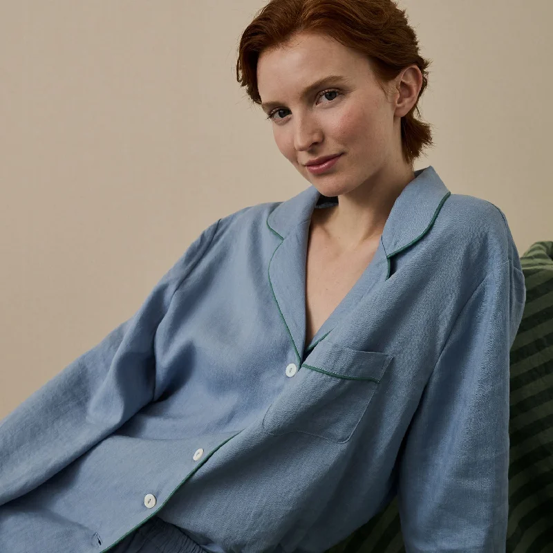 Wave Blue Linen Pajama Shirt