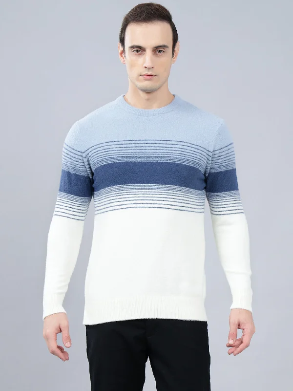 Men's Sky Blue Striped Full Sleeve Sweater