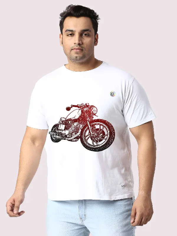 Men Plus Size White Biker Graphic Printed Round Neck T-Shirt