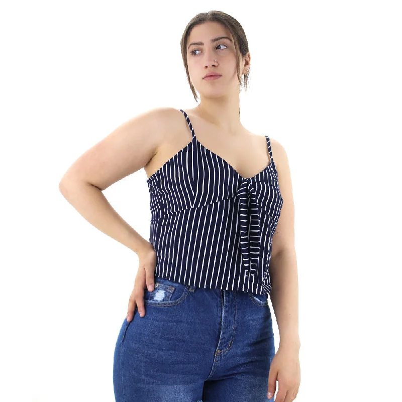 Women's Striped V-Neck Crop Top,Navy