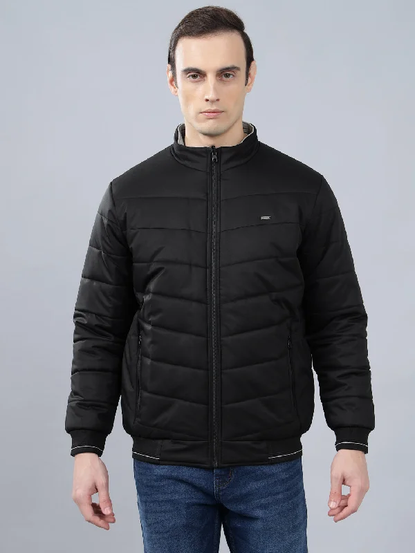 Men's Black Solid Mock Neck Reversible Winter Jacket