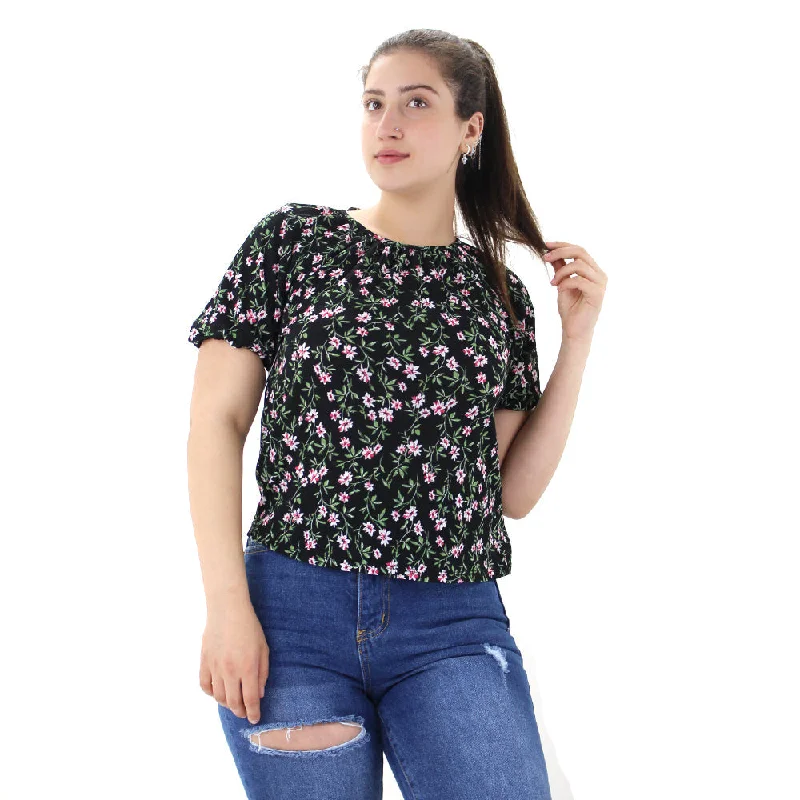 Women's Open Back Chiffon Floral Top,Black