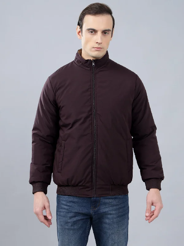 Men's Wine Solid Mock Neck Reversible Winter Jacket