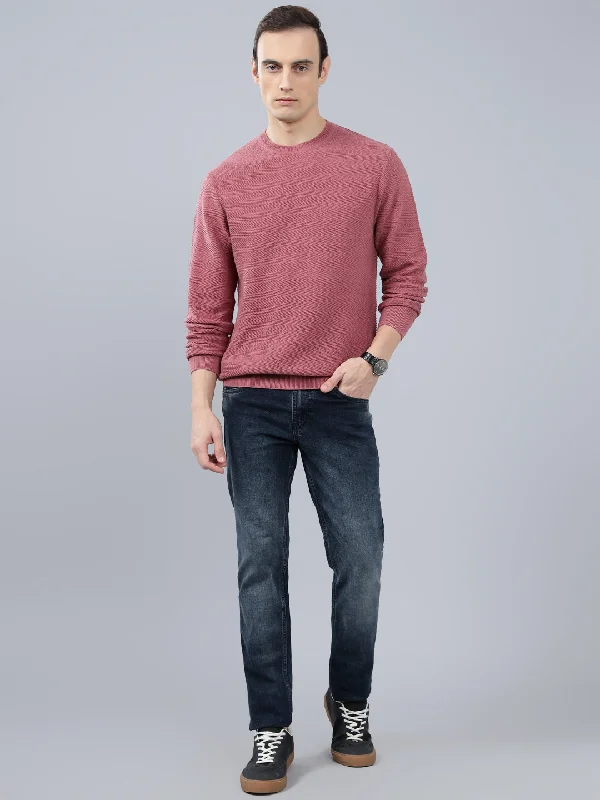 Men's Pink Self Design Full Sleeve Sweater