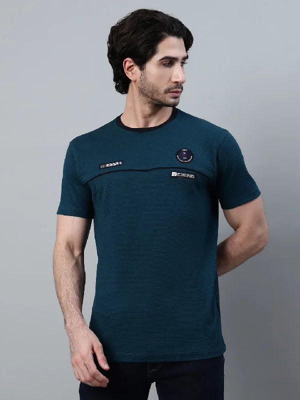 Men's Teal Blue Self Design Round Neck T-shirt