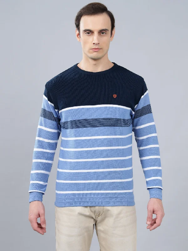 Men's Sky Blue Striped Full Sleeve Sweater