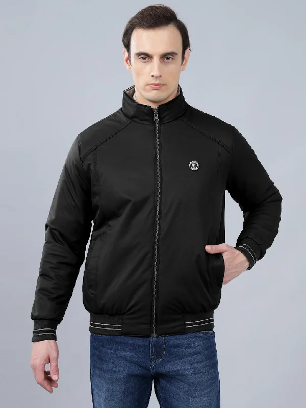 Men's Black Solid Mock Neck Reversible Winter Jacket