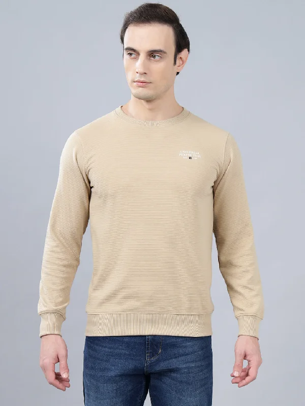 Men's Beige Self Design Full Sleeves T-shirt For Winter