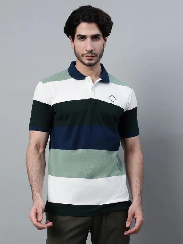 Men's Olive Green Color Block Polo Neck T-shirt