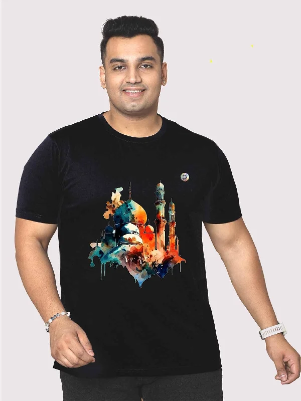 Men Plus Size Black Mosque Printed Round Neck T-Shirt