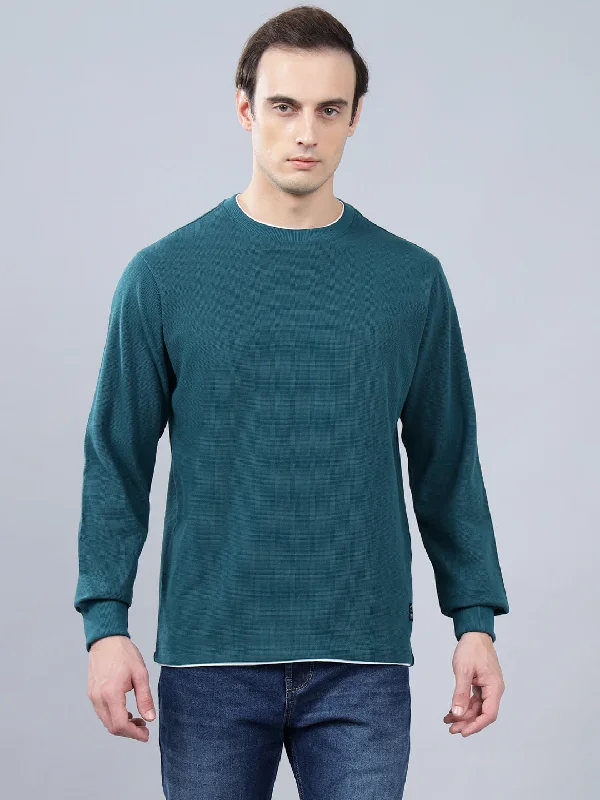 Men's Teal Self Design Full Sleeves T-shirt For Winter