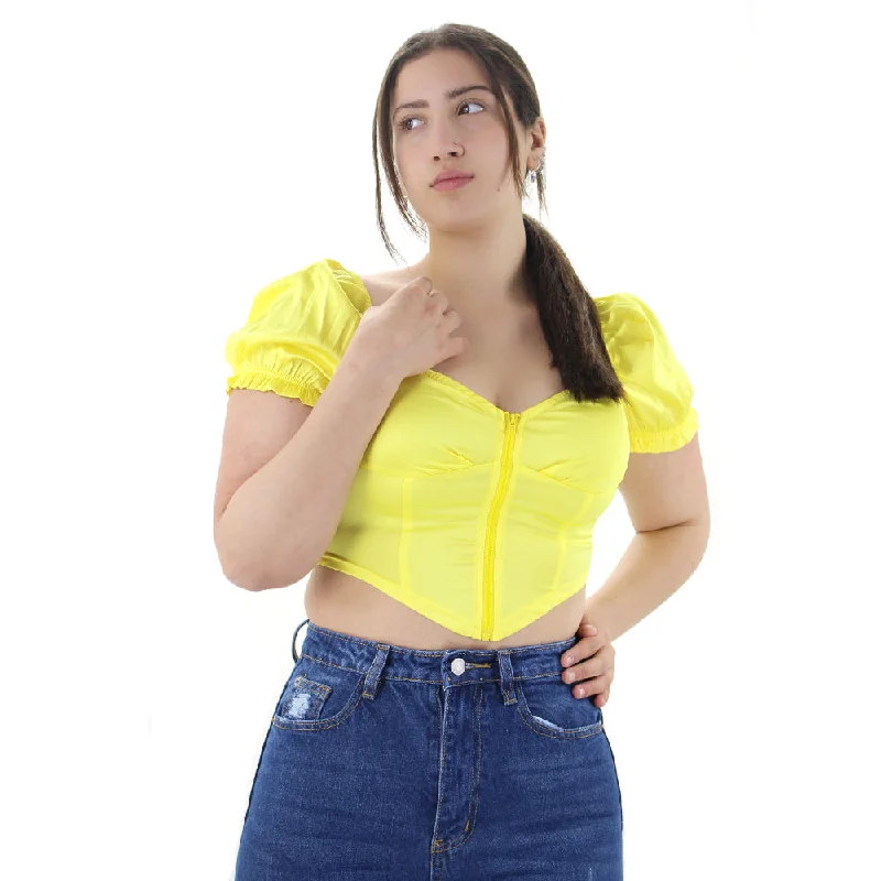 Women's Zip Front Satin Crop Top,Yellow