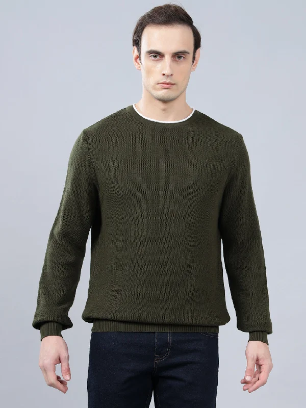 Men's Olive Green Self Design Full Sleeve Sweater