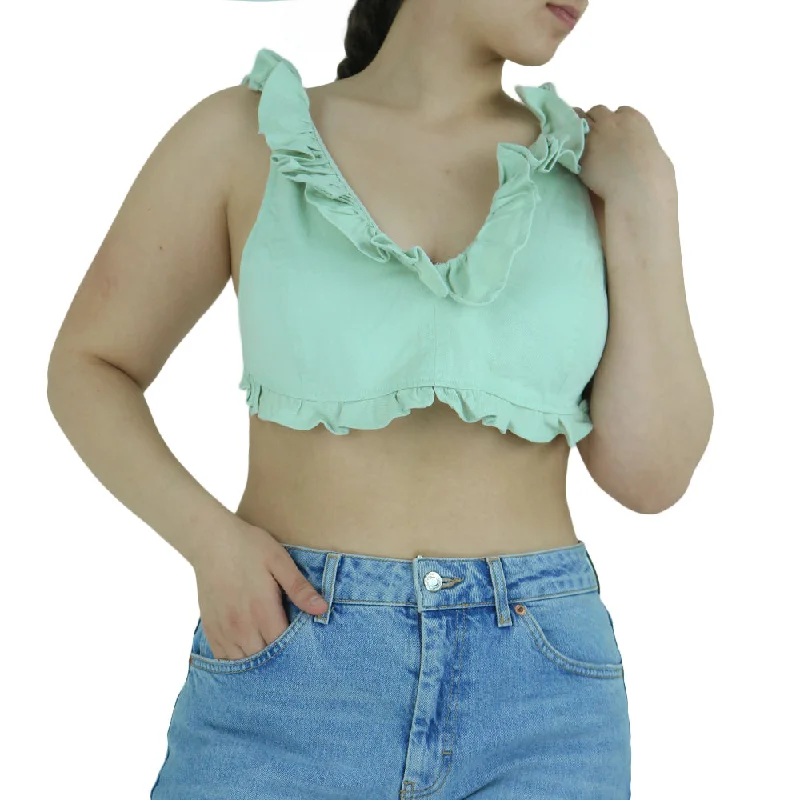 Women's Ruffle Denim Crop Top,Pistache