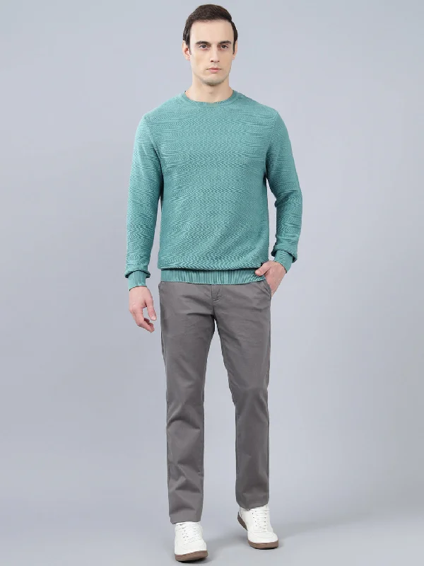 Men's Teal Self Design Full Sleeve Sweater