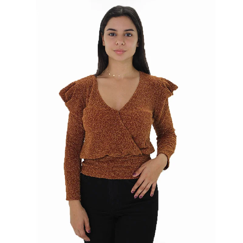 Women's V-Neck Glitter Top,Brown