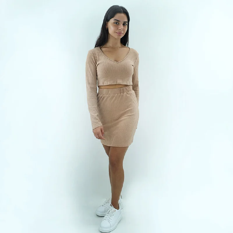 Women's Ribbed 2 Pieces Crop Sweaters & Skirt Set,Nude