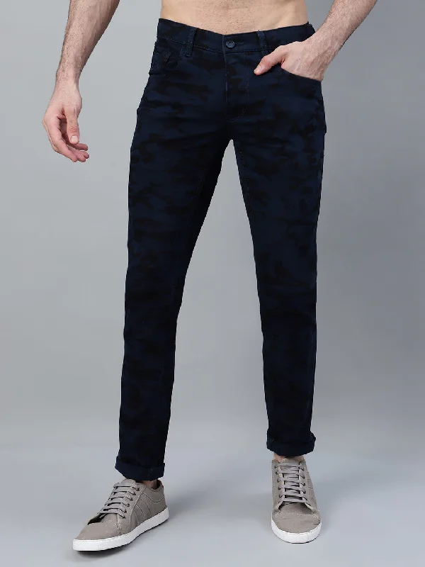 Men's Navy Blue Printed Non-Pleated Casual Trouser