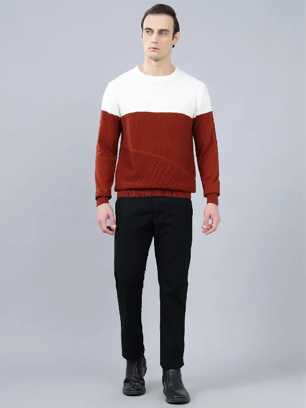 Men's Rust Self Design Full Sleeve Sweater