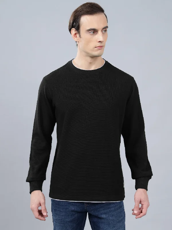 Men's Black Self Design Full Sleeves T-shirt For Winter