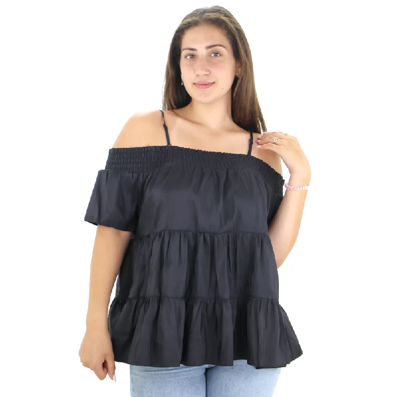 Women's Ruffled Cold Shoulder Top,Black