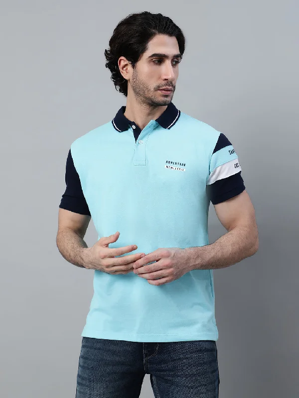 Men's Aqua Blue Solid Polo Neck Half Sleeve T-shirt