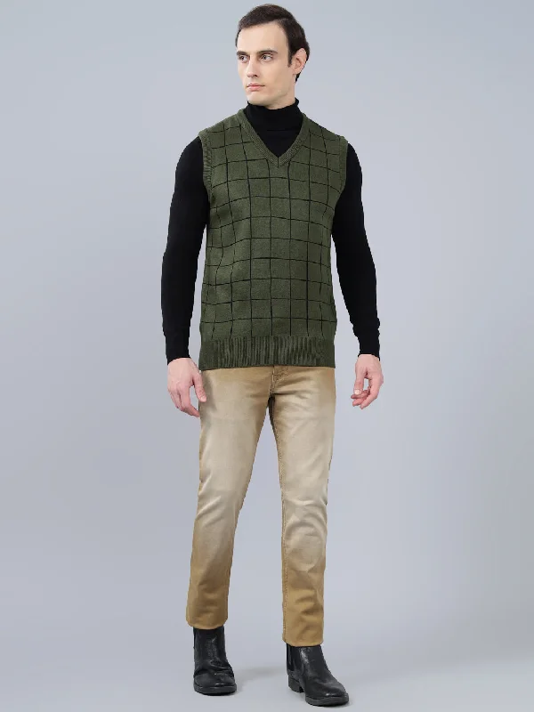 Men's Checked Olive Green Sleeveless Sweater