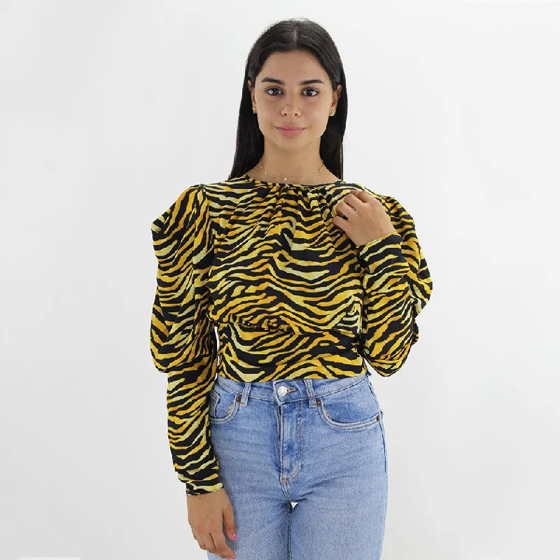 Women's Zebra Printed Oppen Back Top,Yellow/Black