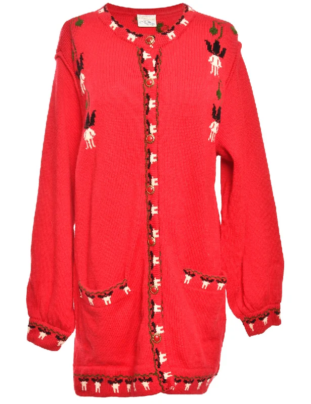 Button Through  Red Cardigan - L