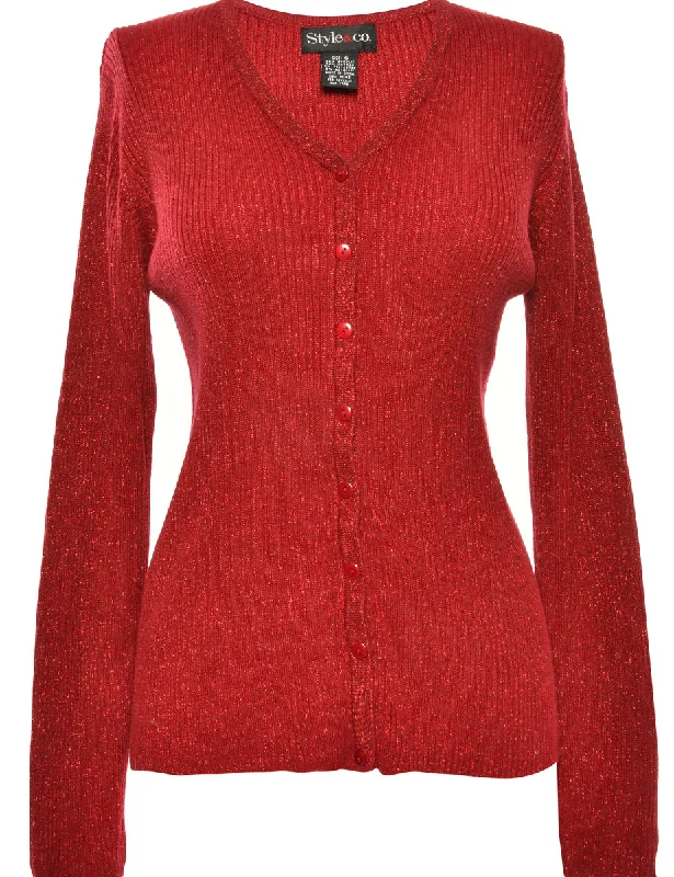 Lurex Thread Pattern Red Cardigan - S