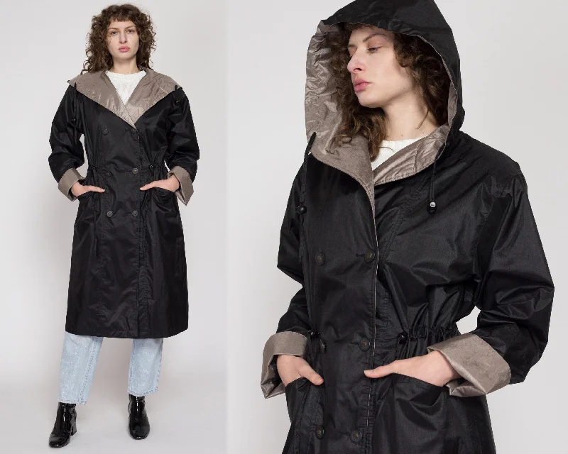 Small 90s Shiny Black Hooded Raincoat