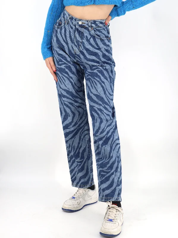 Women's Printed Mom Jeans,Blue