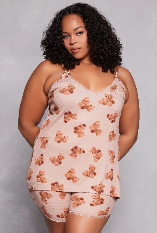 Plus Size Teddy Bear Print Pajama Cami Top and Shorts