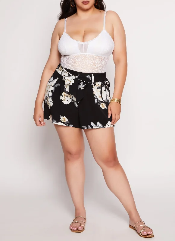 Plus Size Floral Print Tie Waist Shorts