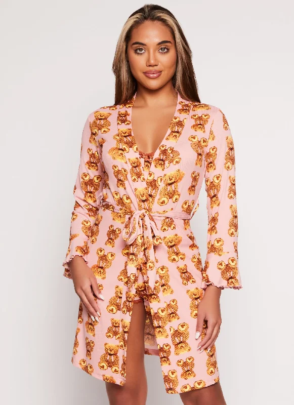 Teddy Bear Print Pajama Bralette and Shorts with Robe