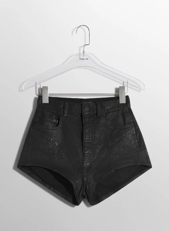 raw blue bi-material denim shorts